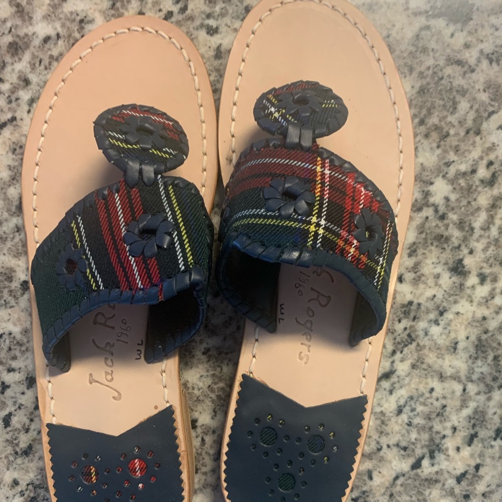 SOLD - Jack Rogers Sandals Women’s Size 7 Navy Plaid Preppy Modern Jack Rogers - Picture 2 of 6